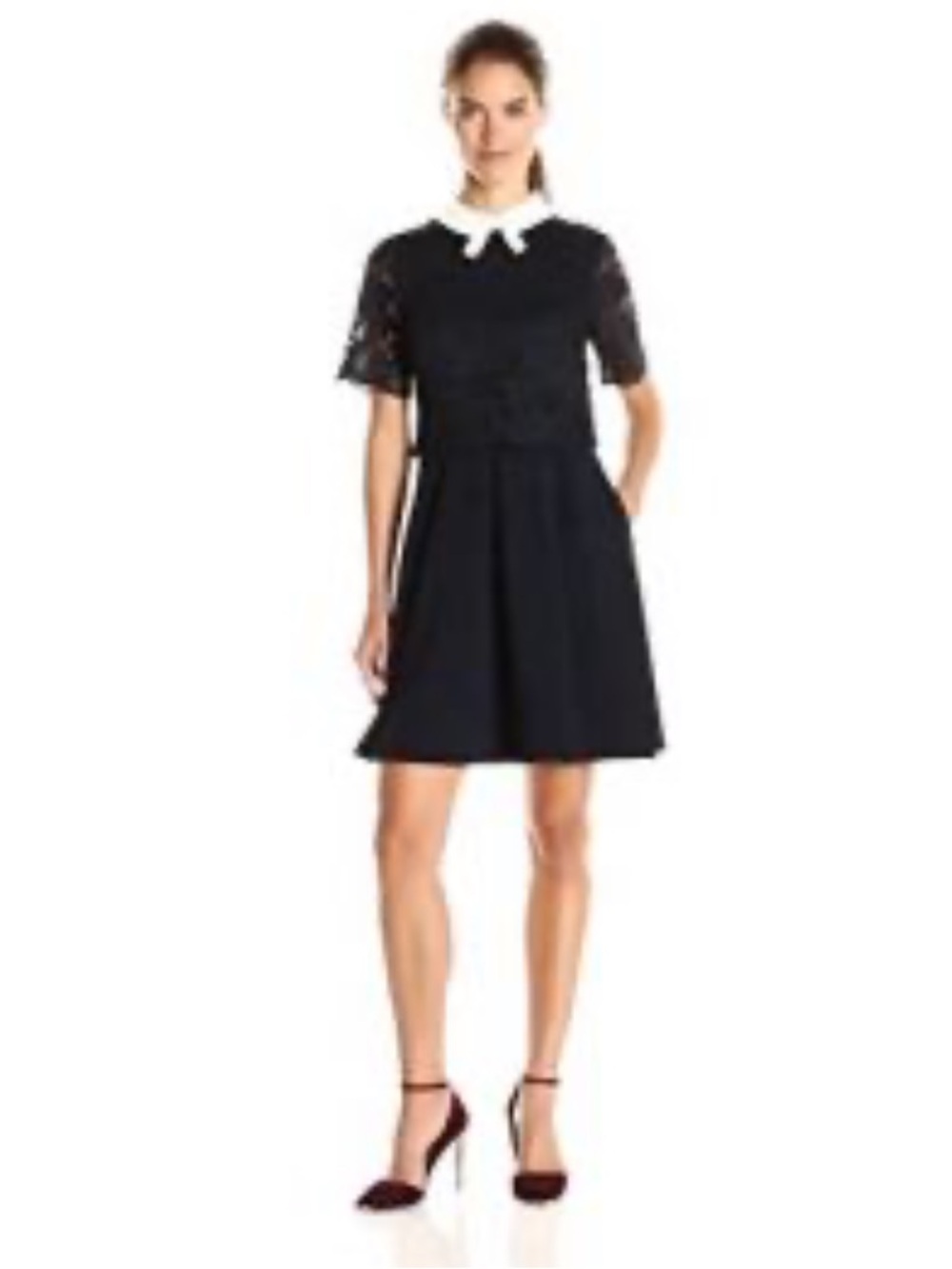 Ted Baker Collar a black Lace Flare  Short Sleeve Bow Mid Dress Size 1